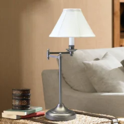 Swing-Arm Lamp With White Shade In Antique Silver Finish